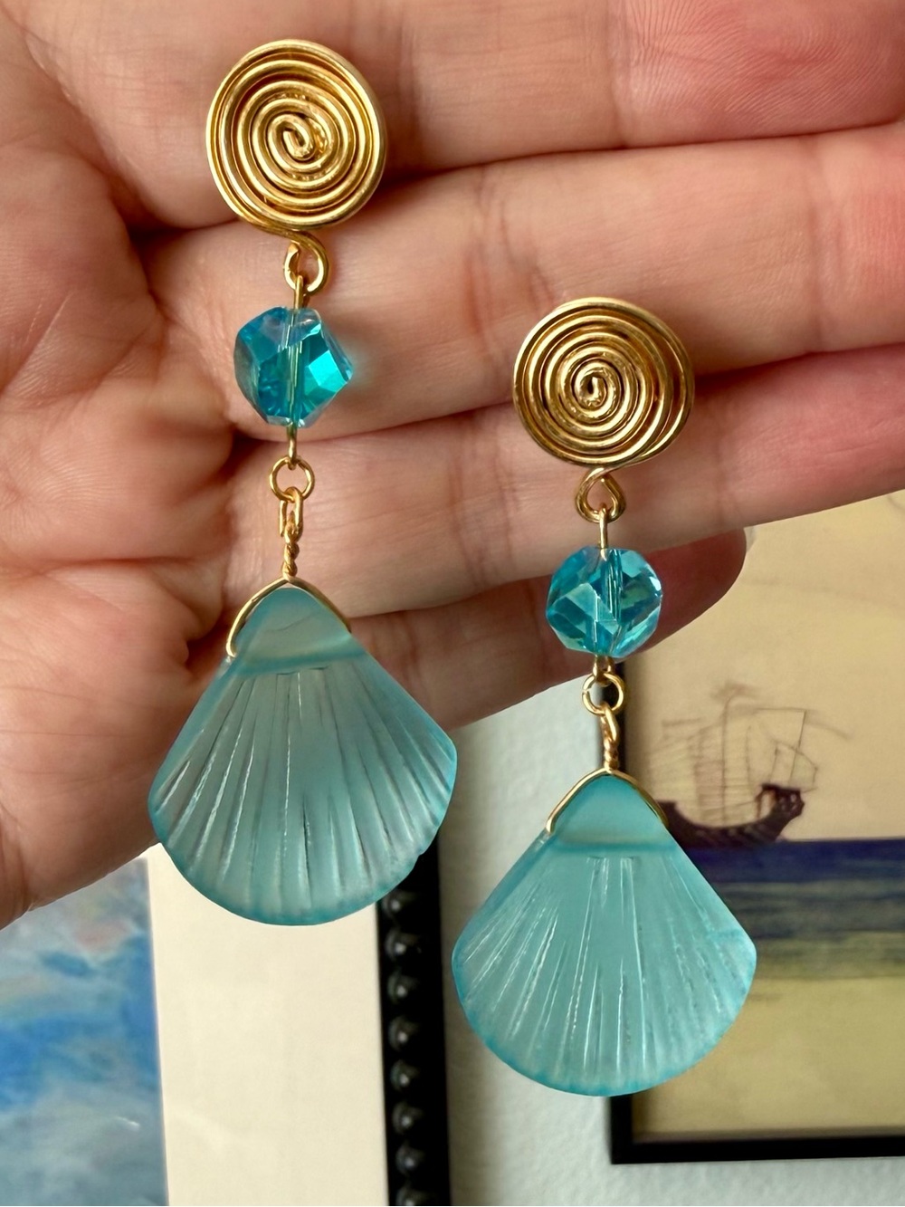 Vintage Turquoise Seaglass Goldtone Spiral Clip-On Earrings Aqua Blue Shell Drop